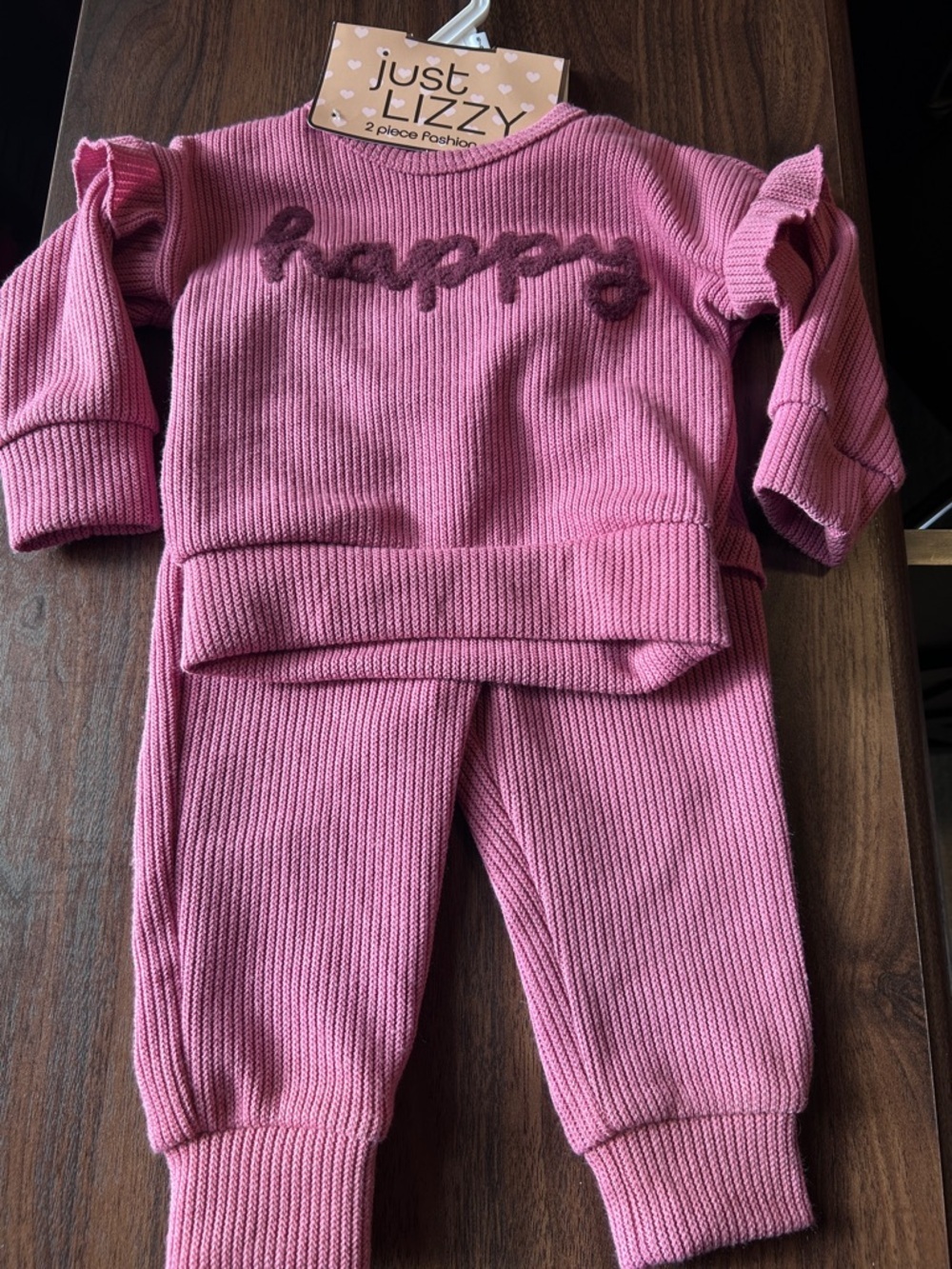 Kids Pink 'Happy' Ribbed Matching Set by​ - Picture 6 of 11